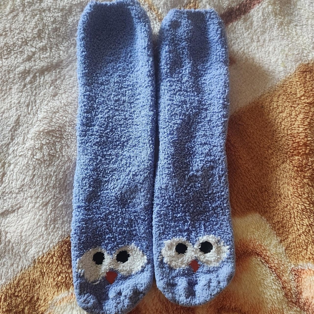 periwinkle fuzzy owl socks